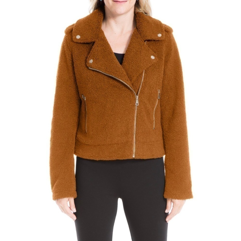 MAX STUDIO Faux Fur Cozy Asymmetrical Moto Zipper Jacket in Cognac size M